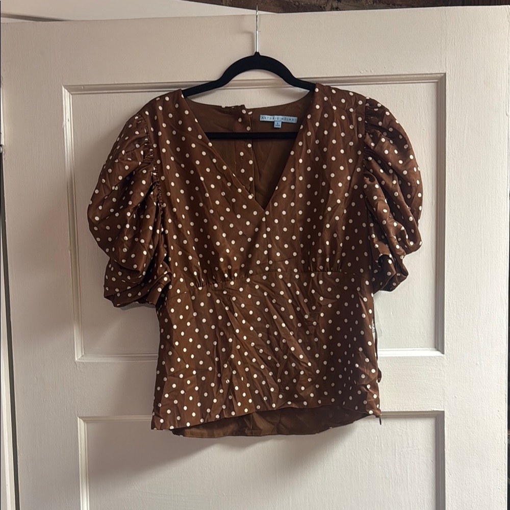 ANTONIO MELANI Chocolate Puff Sleeve Polka Dot Blouse